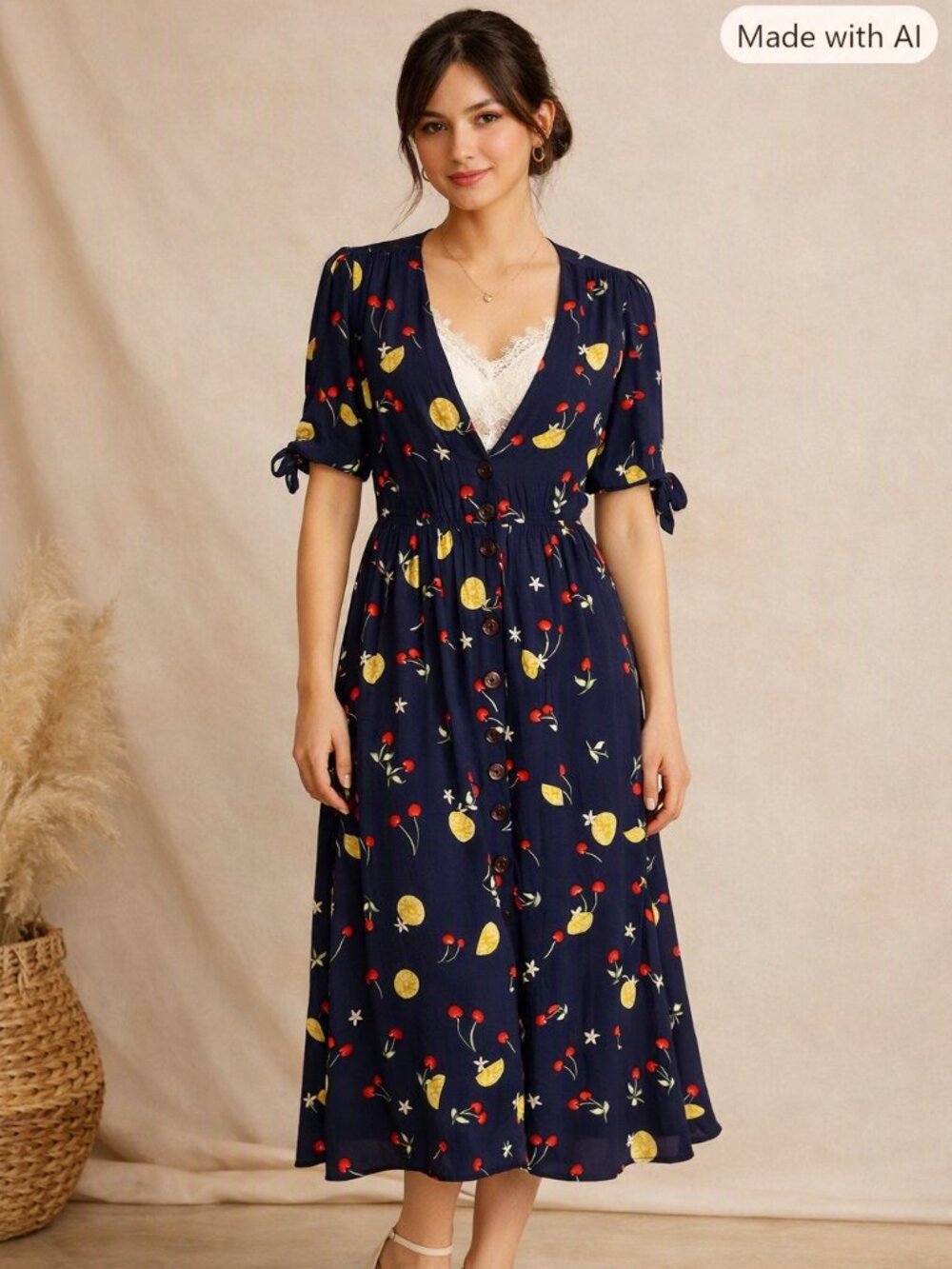 Anthropologie Capulet Adele Lemon Cherry MIDI Dress Navy Background Size S